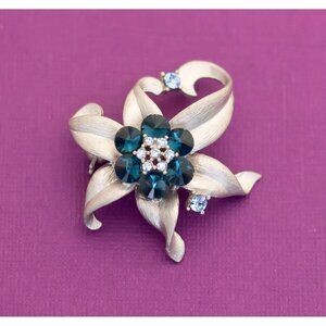 Vintage Floral Gemstone Silver Tone Brooch by SNK - Q15